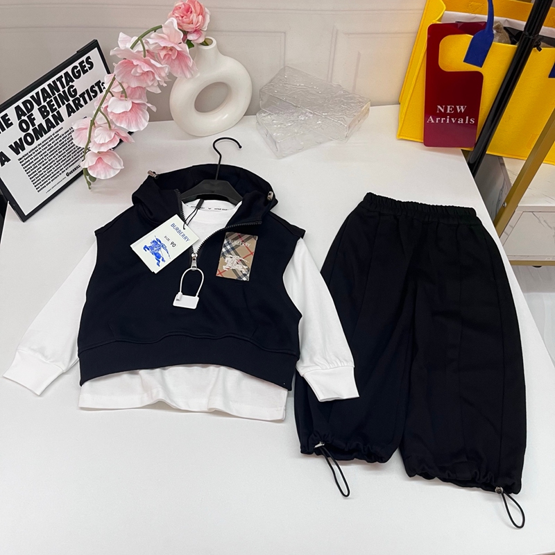 キッズ 3 点セット|フードベスト + 長袖 T + ショートパンツ 男の子春秋服 Burberry